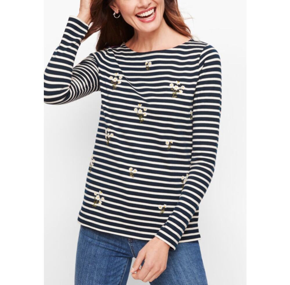 Talbots Floral Embroidered Daisy Nautical Navy Stripe Long Sleeve Top Size XL